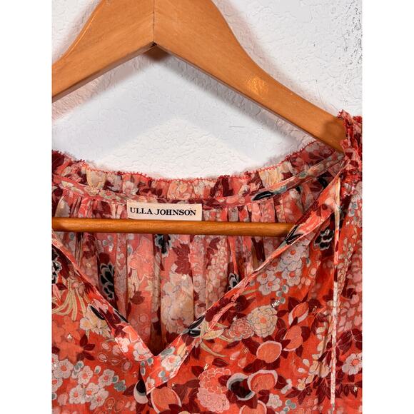 Ulla Johnson Adela Floral Silk Semi Sheer Balloon Sleeve Tasseled Top Women 2 - Picture 3 of 5